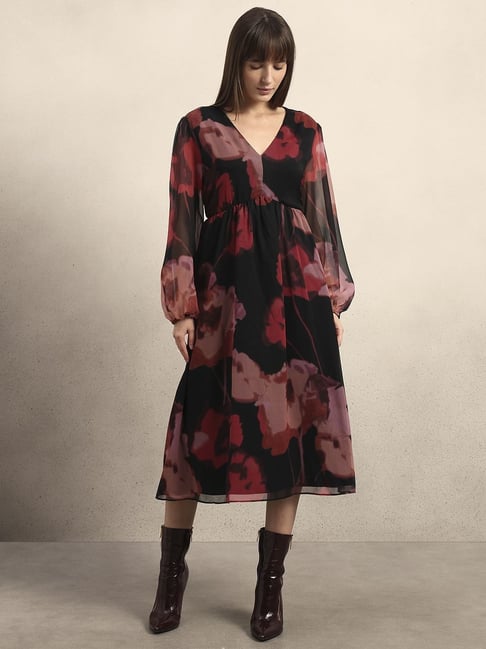 Vero Moda Black Floral Flared Fit Midi Dress