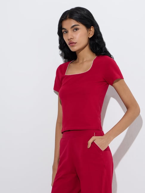 Superstar by Westside Red Solid Cotton-Blend Top-picture-16