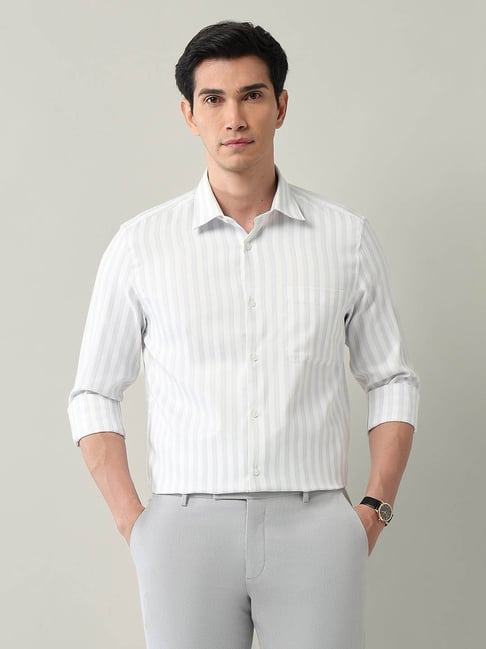 AD by Arvind Grey Cotton Regular Fit Long Sleeves Striped Formal Shirt