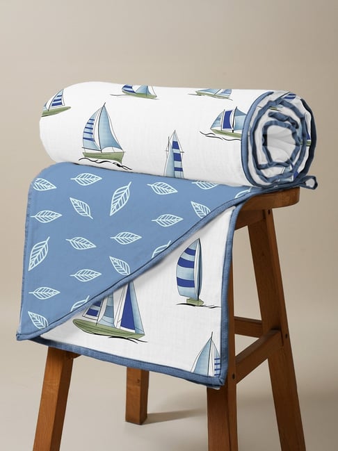 Urban Space Ocean Boats Blue Cotton Malmal Printed 150 GSM Double Reversible Blanket-picture-39