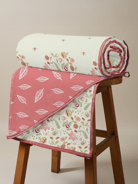 Urban Space Vine Gardens Peach Pink Cotton Malmal Printed 150 GSM Double Reversible Blanket