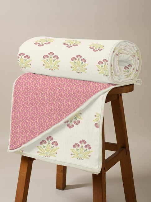 Urban Space Malhaar Mustard Yellow Cotton Malmal Printed 150 GSM Double Reversible Blanket