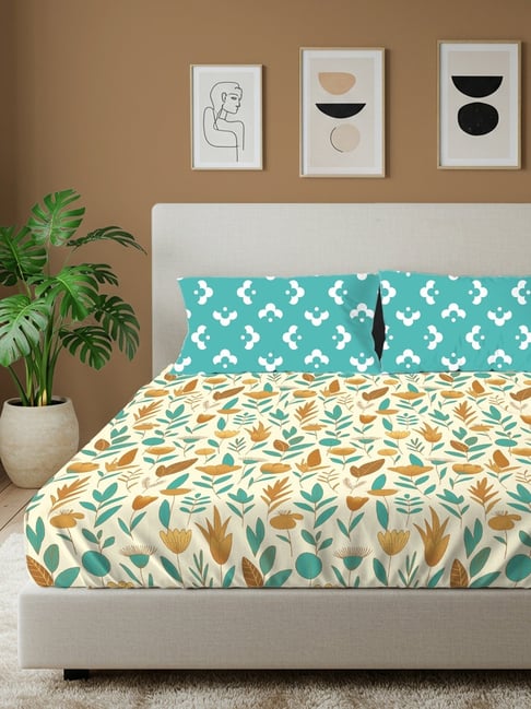 Urban Space Mist Teal Blue Cotton Printed 144 TC King Bed Sheet with 2 Pillow Cover-picture-18