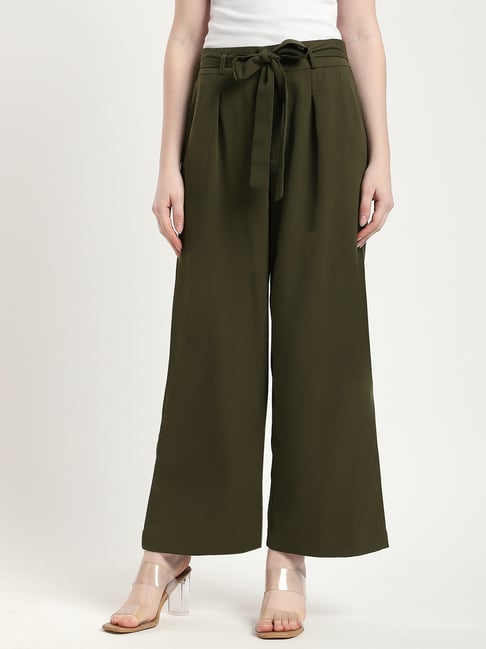 R&B Olive Polyester Regular Fit Mid Rise Palazzos-picture-23