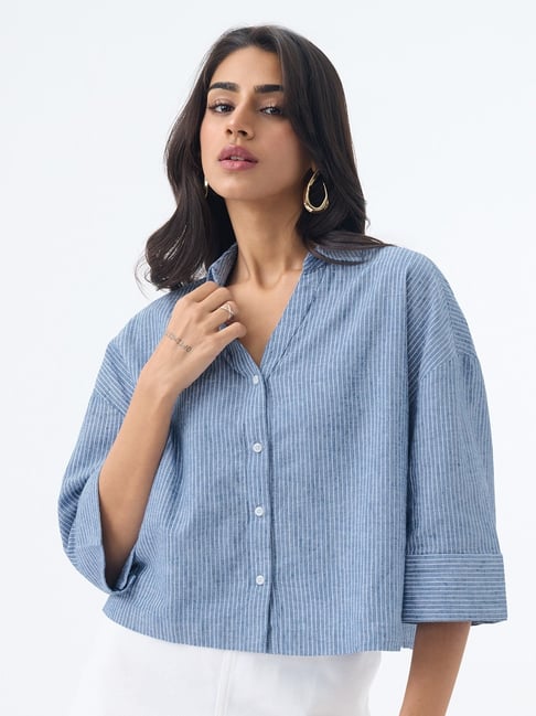 The Souled Store Azure Cotton Linen Women Oversized Shirt