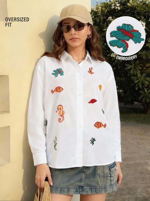 The Souled Store White Cotton Linen Sea-Life Women Boyfriend Shirt-picture-15