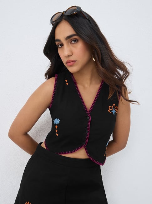 The Souled Store Black Cotton Linen Vest Dark Void Women Cropped Top