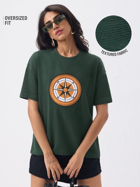 The Souled Store Dark Green Textured TVintage Compass Women Oversized T-Shirt-picture-15