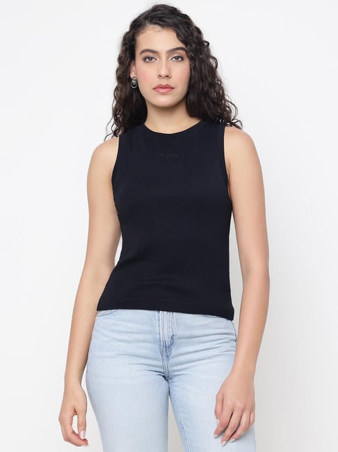 Guess Gelsey Organic Jet Black Solid Round Neck Regular Fit Tank Top