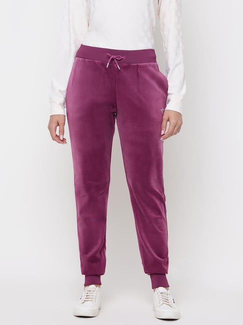 Guess Recy Poly Velvet Mauve Solid High Rise Regular Fit Couture Jogger Pants