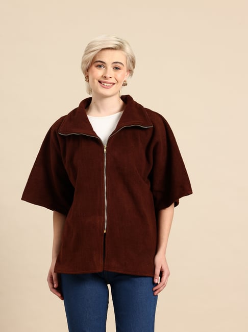 Qurvii Brown Sherpa Fleece Regular Fit Jacket With Straight Hemline-picture-16