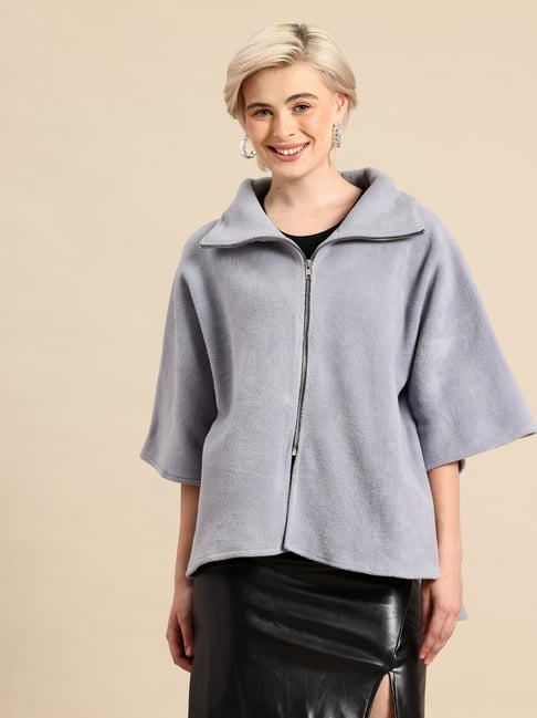 Qurvii Grey Sherpa Fleece Regular Fit Jacket With Straight Hemline-picture-29
