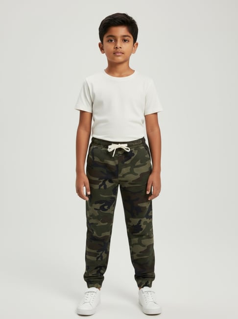 Biglilpeople Boys Dark Green Cotton Regular Fit Printed Joggers