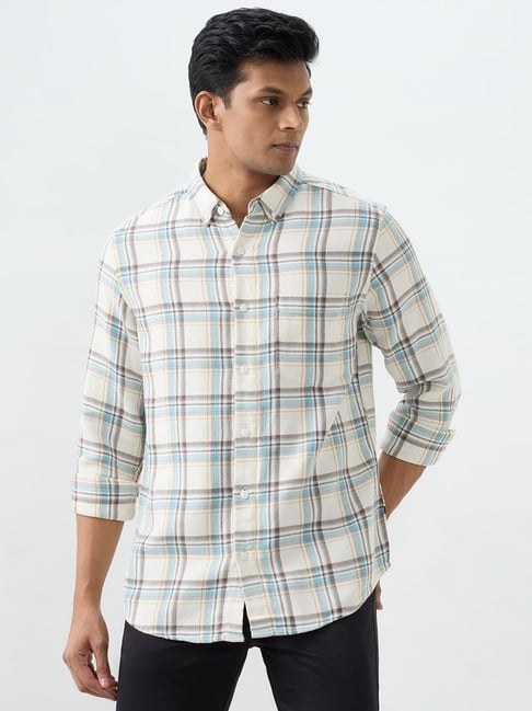 Spykar Off White Checked Regular Fit Shirt