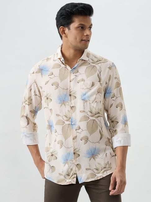 Spykar Ecru Printed Slim Fit Shirt