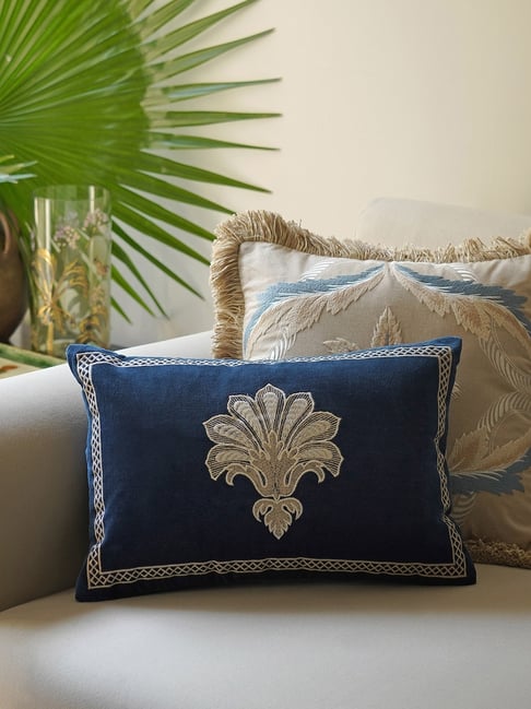 Pure Home and Living Navy Blue Viscose Embroidered Rectangle Cushion Cover