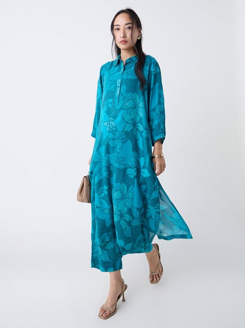 Utsa by Westside Teal Floral Printed Cotton A-Line Kurta-picture-22