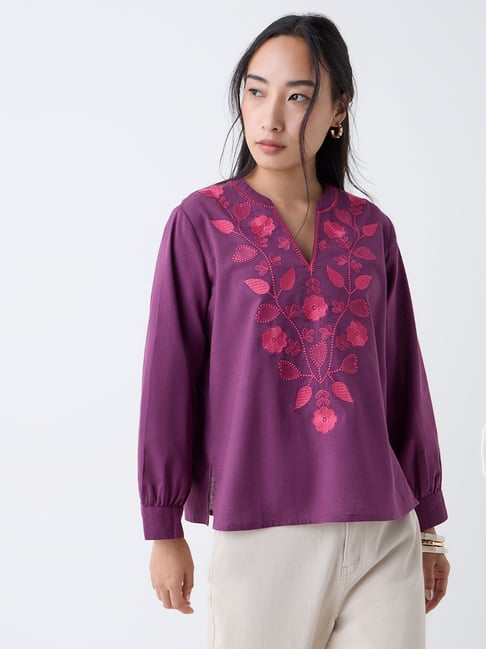 Utsa by Westside Plum Botanical Embroidered Cotton-Blend Top-picture-45