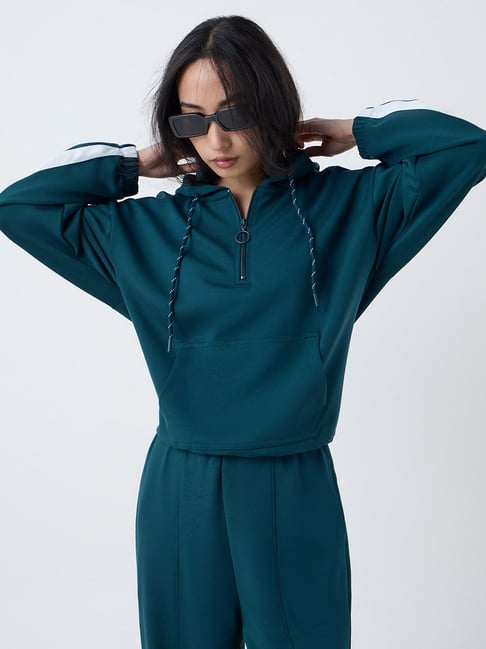 LOV by Westside Teal Stripe Detailed Quarter-Zip Hoodie-picture-45