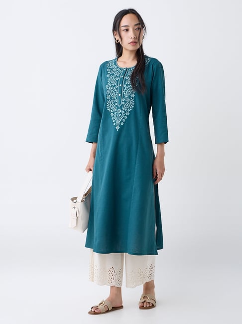Utsa by Westside Teal Paisley Embroidered Cotton-Blend A-Line Kurta-picture-36