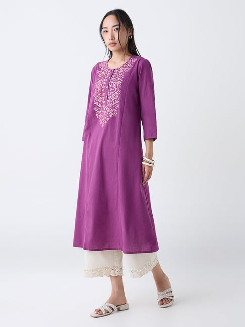 Utsa by Westside Plum Floral Embroidered Cotton-Blend A-Line Kurta-picture-32