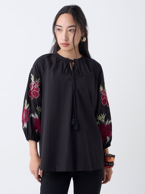 Utsa by Westside Black Floral Embroidered Cotton Tunic-picture-20