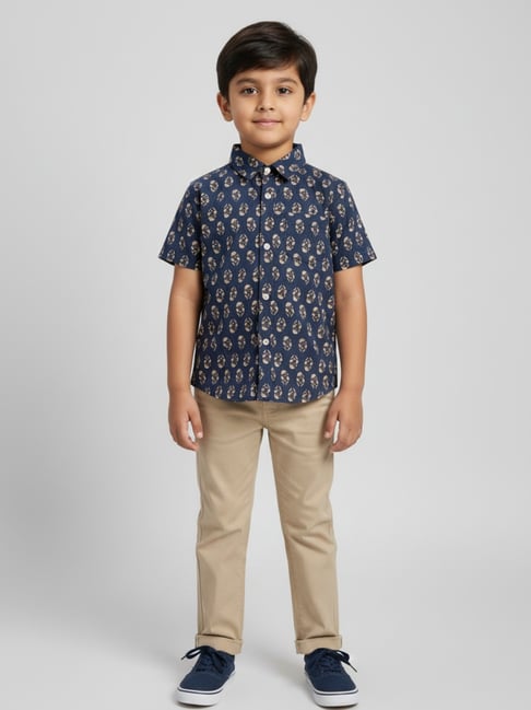 Biglilpeople Boys Blue Cotton Printed Shirt