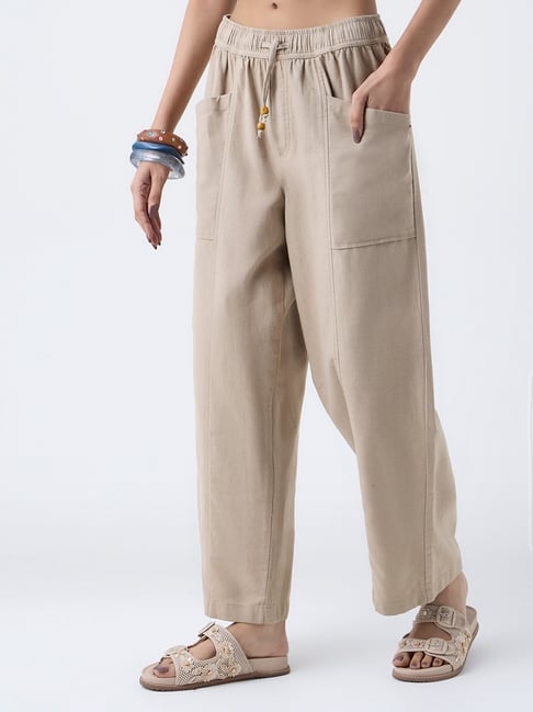 Bombay Paisley by Westside Beige Solid Cotton-Blend Pants