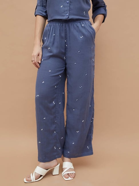 Fame Forever By Lifestyle Mid Blue Cotton Regular Fit Printed Trousers-picture-22