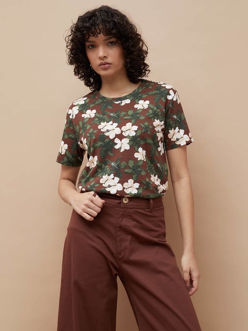 Colour Me By Melange Brown Cotton Regular Fit Floral Print Top