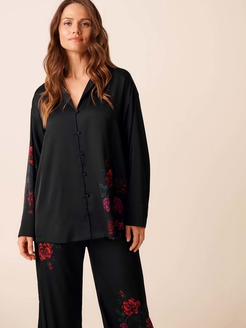 La Vie En Rose Red Rose Print Satin Button-down Shirt-picture-22