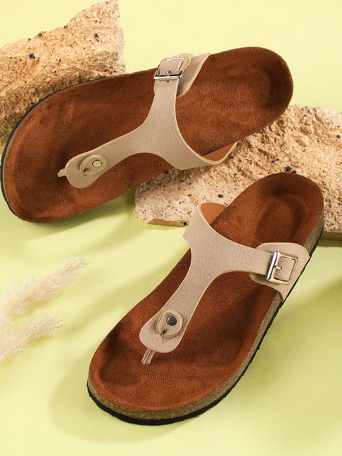 Mozafia Women's Beige T-Strap Sandals