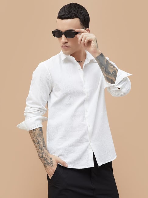 Bossini White Cotton Regular Fit Texture Shirt