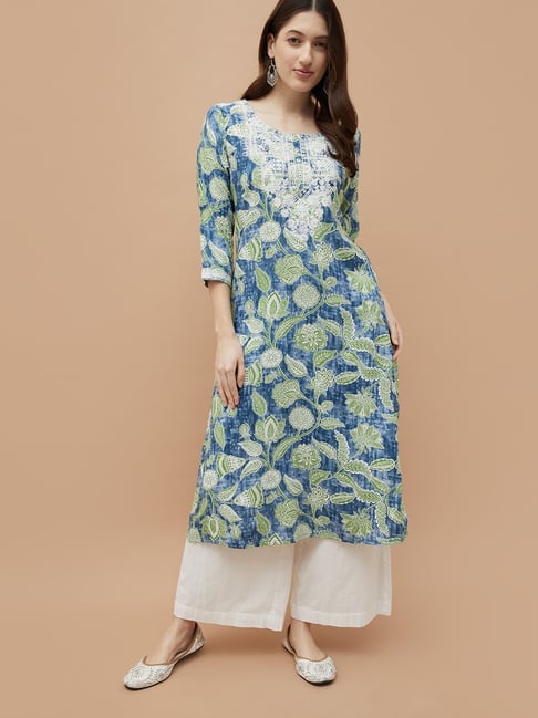 Melange by Lifestyle Blue & Green Rayon Floral Print Kurta-picture-39