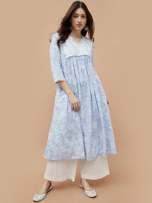 Melange by Lifestyle Light Blue Rayon Floral Print Kurta-picture-42