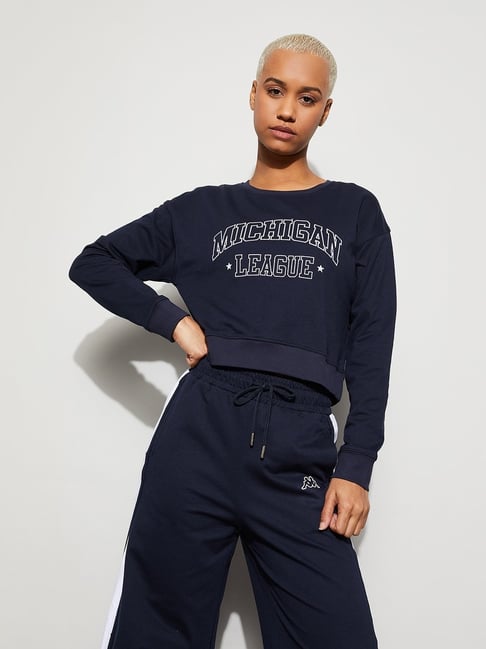 KAPPA Navy Blue Cotton Printed Crop Sweatshirt