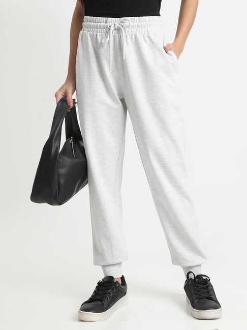 R&B Light Grey Cotton Regular Fit High Rise Joggers