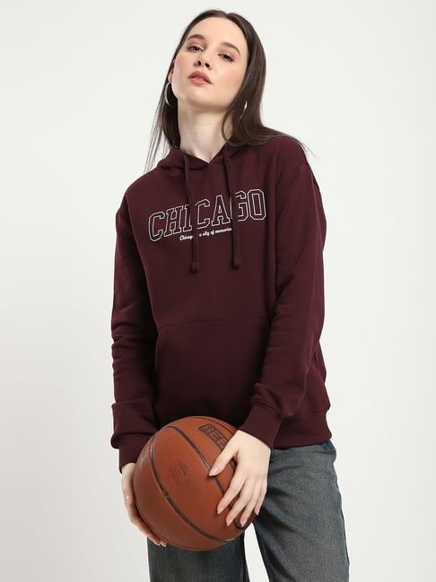 R&B Wine Relaxed Fit Cotton Graphic Print Hoodie