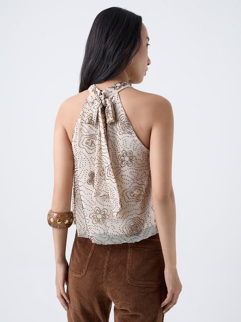 LOV by Westside Cream Embellished Halter-Neck Top