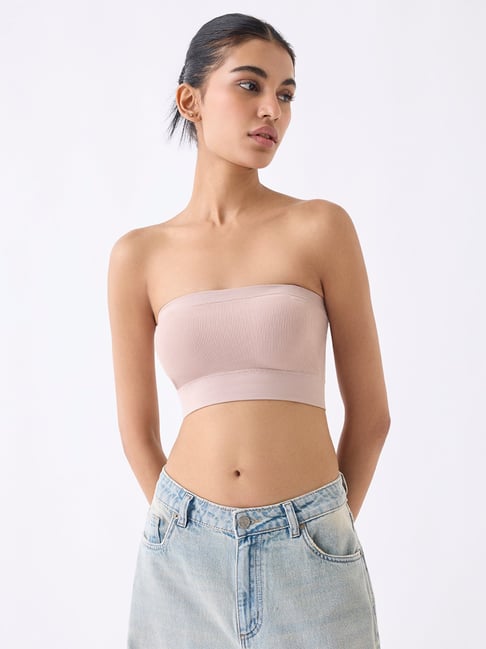 Superstar by Westside Beige Ribbed Seam-Free Padded Bandeau Bra