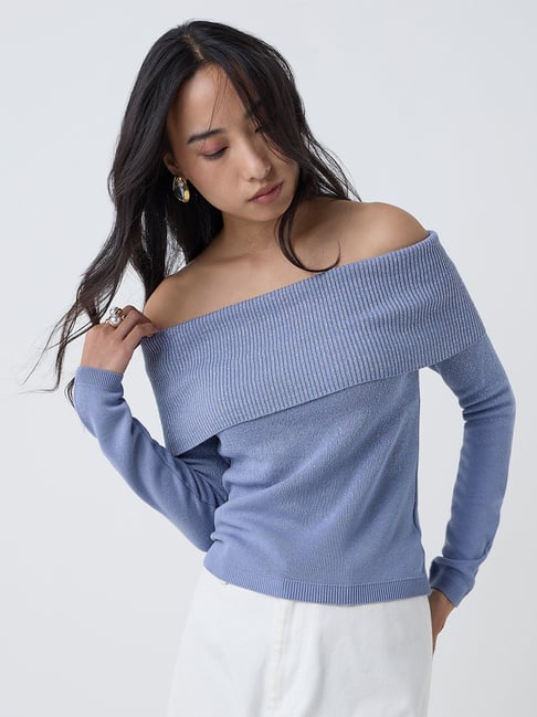 LOV by Westside Dusty Blue Knit Textured Off-Shoulder Top-picture-27