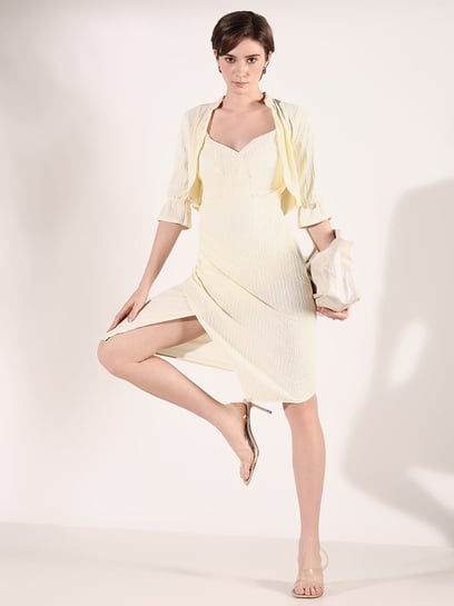 SHOWOFFFF Cream Solid Sleeveless Dress With Overcoat