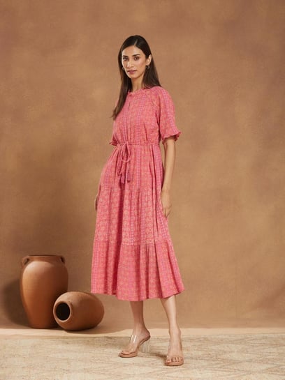 Fabindia Pink Cotton Printed Midi Dress