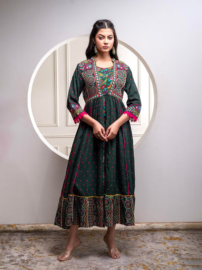 bottle green ethnic dress Bottle Green Rayon Crepe Tiered Maxi Dress with Thread Embroidery