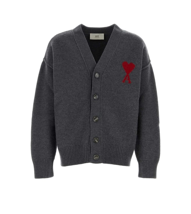 Ami Paris Grey V-Neck Logo Cardigan