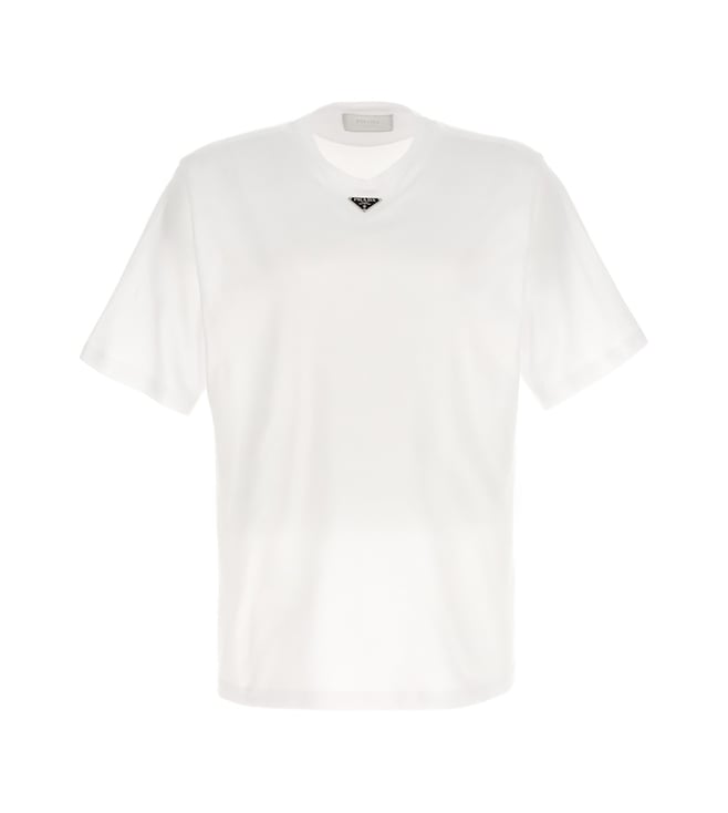【PRADA】VネックTシャツ ホワイト アートパッチデザイン L Prada White Triangle Logo T-Shirt