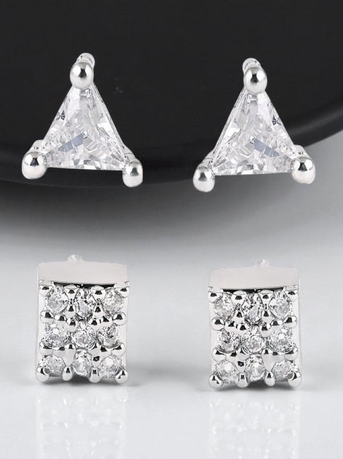 OOMPH Silver Cubic Zirconia Triangle & Square Stud Earring for Men