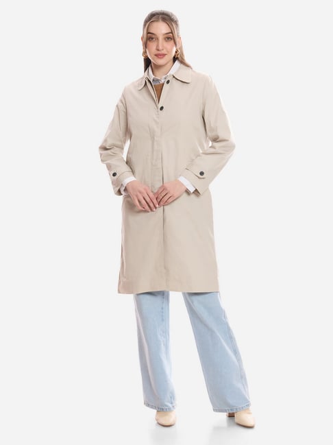 VIRGIO Cream Cotton Solid Long Sleeves Long Trench Coat-picture-33