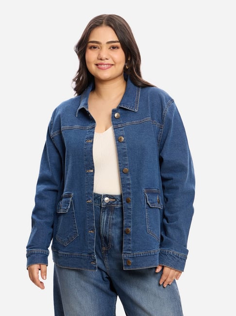 VIRGIO Blue Cotton Solid Long Sleeves Plus Size Jacket-picture-38