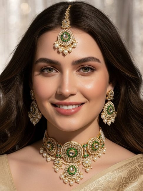 OOMPH Gold Kundan Necklace, Earring & Maangtikka Set